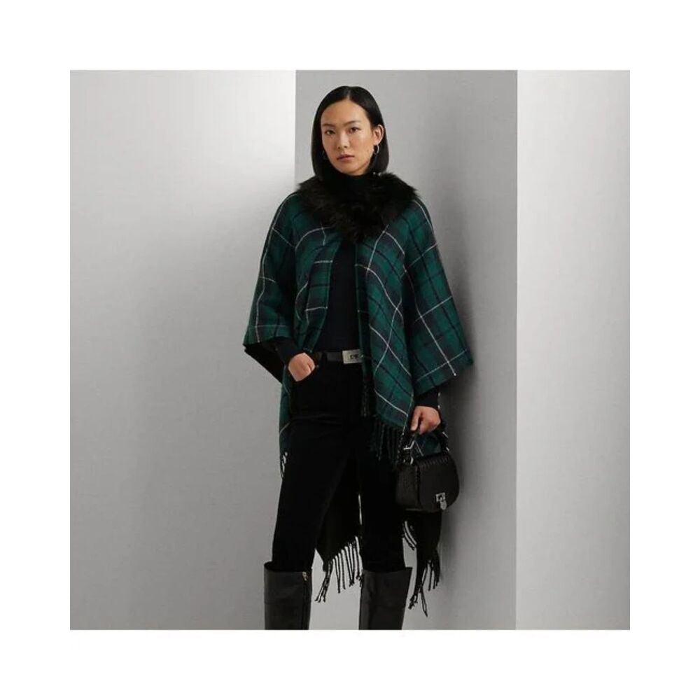 Lauren Ralph Lauren Faux Fur Trim Plaid Fringed Shawl - Green/Blue/Black O/S